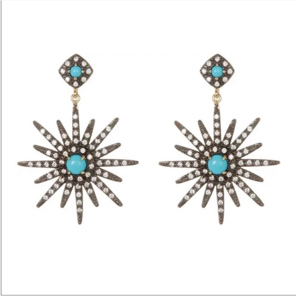 NWT Adornia 14K Gold Vermeil Turquoise & Swarovski Crystal Starburst Ear…